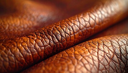 Close-up of rich brown textured material, showing folded, irregular patterns, and a glossy sheen with shallow depth of field