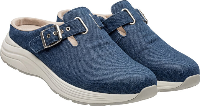Denim-look clogs with contrasting white soles and buckle details
