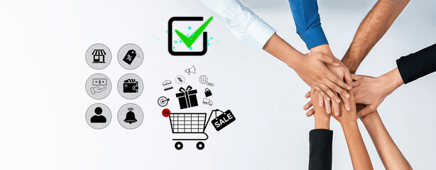 Obraz premium Hands Joining Together for Team Collaboration in Online Shopping and E-Commerce with Symbols of Sale, Security, and Customer Engagement Quark.