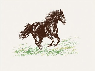 Hand-drawn running horse illustration in minimal ink sketch style on light paper, suitable for equestrian branding, sports marketing, western lifestyle packaging, posters and apparel graphics © Lilia