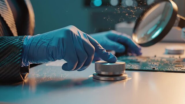 Technician hands in blue gloves turn metal knob. Engineer repairs electronic circuit board in clean lab. Hands adjust knob during inspection. Technician works on circuit board with blue gloves.
