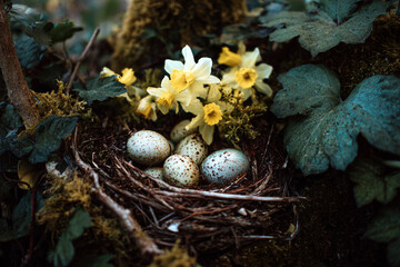 Bird nest, eggs and blooming daffodils in forest. Spring equinox, Easters concept 