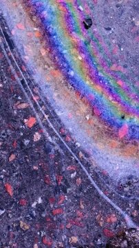 Colorful gasoline slick shimmering with rainbow colors on a wet asphalt pavement, showing an abstract pattern of environmental pollution and chemical contamination on the road surface