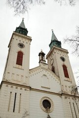 Obraz premium Twin church towers with clocks rising above winter trees in Sombor, Serbia. Symmetrical European landmark and cultural heritage concept.