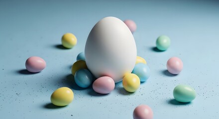 Easter eggs on pastel background with large white egg surrounded by small colorful eggs suitable for layout