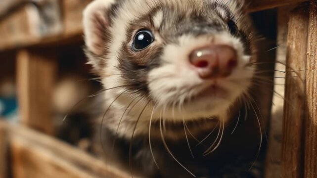 Cute ferret explores a room filled with wooden furniture and small items during the afternoon