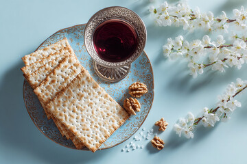 Passover  with matzo, red wine and spring blossoms on blue background. Flat lay, copy space
