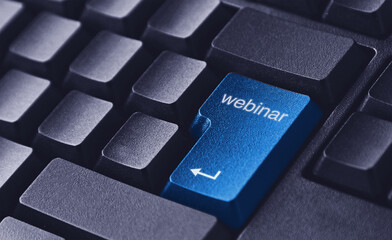 Webinar Key on Computer Keyboard. Online Education Concept