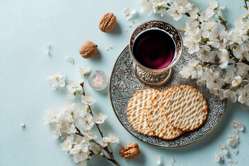 Passover  with matzo, red wine and spring blossoms on blue background. Flat lay, copy space