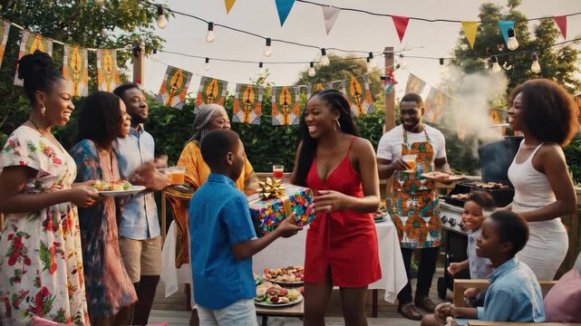 African american family celebrating a birthday party, boy gives a present to his mother, people enjoying a backyard bbq, happy beautiful woman hugging her son