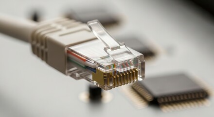 Ethernet cable connector with gold plated pins shown in close up view. This image represents network connection, internet technology, or digital infrastructure, useful for communication concepts.