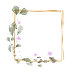 Obraz premium Elegant golden lines form a square frame, adorned with soft watercolor green leaves and delicate purple flowers.
