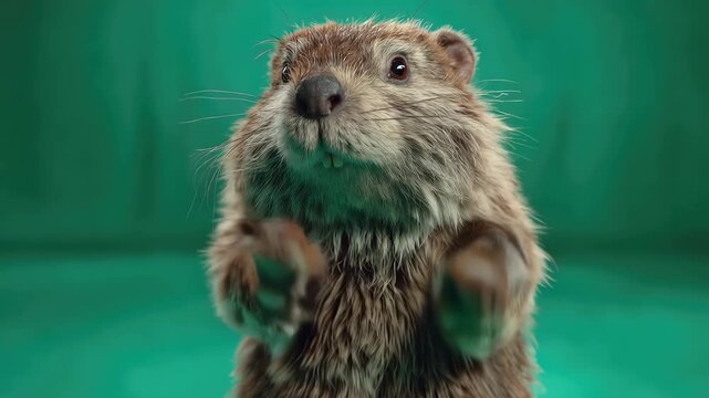 Curious beaver stands tall against a green screen while observing its surroundings with interest and alertness in a studio setting