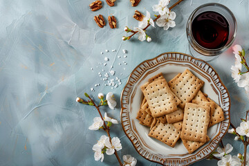Passover  with matzo, red wine and spring blossoms on blue background. Flat lay, copy space