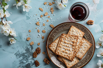 Passover  with matzo, red wine and spring blossoms on blue background. Flat lay, copy space