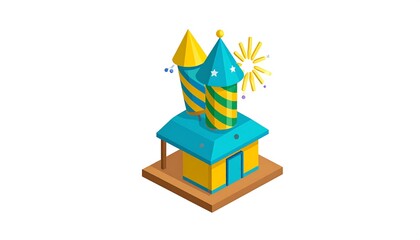 Isometric illustration of a small building with two rockets and a yellow and blue theme, complete with a celebratory burst