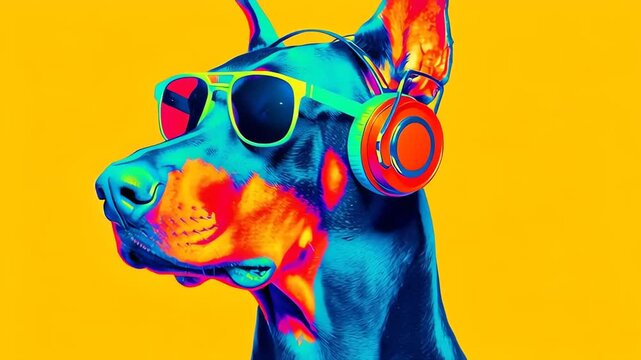 Cool Doberman dog wearing vibrant sunglasses and headphones