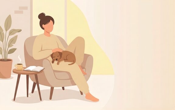 ペットの犬や猫と一緒にリビングでくつろぐ人物のフラットデザイン（ペット共生・ライフスタイル・動物）