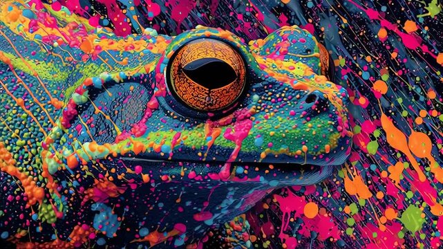 Vibrant Paint Splatter Frog Abstract Art Close-up