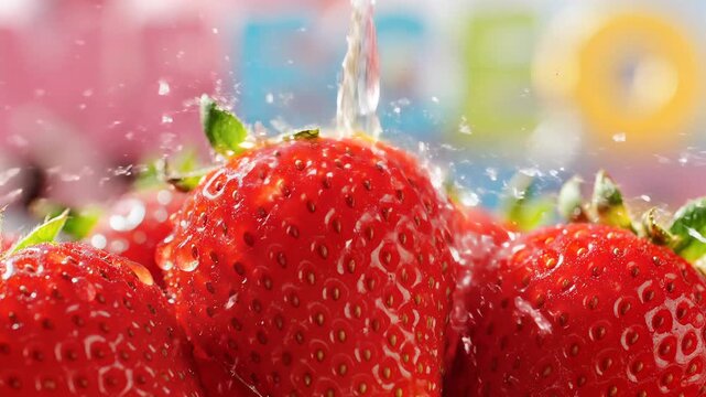 Vibrant Fresh Strawberries Being Washed with Splashing Water in Slow Motion, Representing Freshness and Healthy Eating