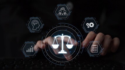 Naklejka na ściany i meble Futuristic digital law interface displaying justice scale, highlighting digital law, AI compliance, digital law systems, and digital law regulations for secure governance. Muxer