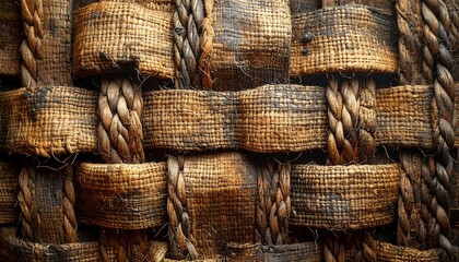 Close-up of intertwined natural fibers, creating a textured surface. The weave reveals contrasting patterns, showcasing artisanal craftsmanship