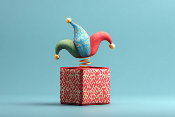 April Fools Day concept with colorful jack in the box and jester hat surprise