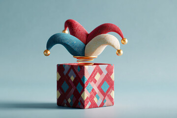 April Fools Day concept with colorful jack in the box and jester hat surprise