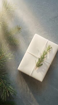 Elegant White Wrapped Present with Green Sprig on Gray Stone Surface with Bright Sunlight