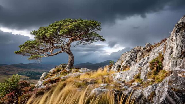 Mountain view with a single tree standing on a rocky outcrop under dark clouds in the afternoon light in a rural area