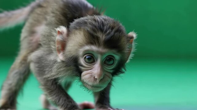 Curious baby monkey stops to think while exploring a green landscape in the bright sunlight during the day