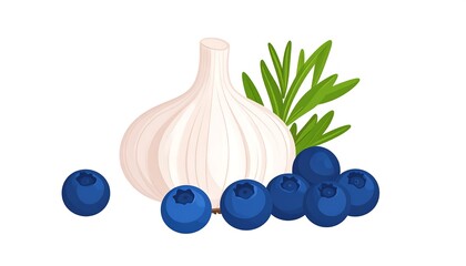 Illustration of healthy ingredients, including garlic, blueberries, and herb sprigs on a white backdrop