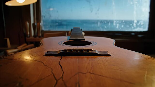 Cracked acoustic guitar rests on wooden floor. Guitar shows crack damage near soundhole. Acoustic instrument with crack lies in room. Ocean view through window. Guitar needs repair from crack.