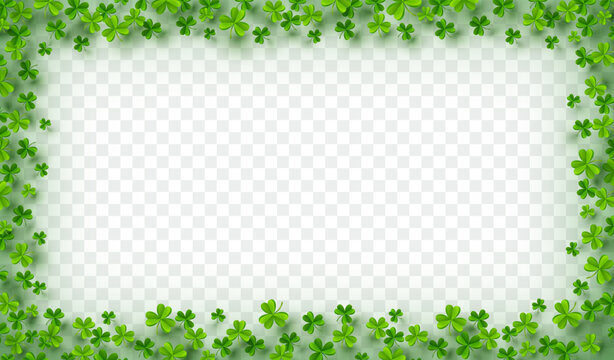 Shamrock leaves frame isolated on transparent background. Green irish symbol Good Luck. Vector clover border for Saint Patrick's Day holiday greeting card design