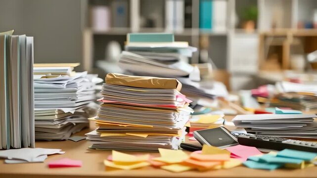Cluttered Office Desk Overwhelmed with Paperwork