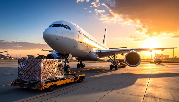 Cargo plane being loaded at sunset for international shipping.