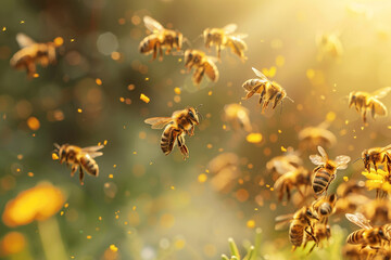 World Bee Day concept with flying honey bees collecting pollen in warm sunlight