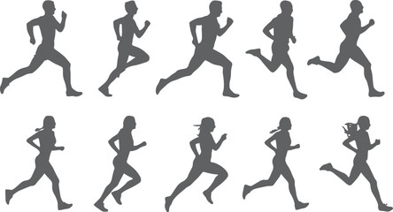 Dynamic running silhouettes in minimalist style isolated on transparent background, Vector, illustration
