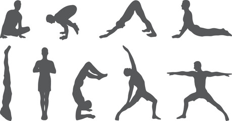 Yoga poses silhouette set in minimalist style isolated on transparent background, Vector, illustration