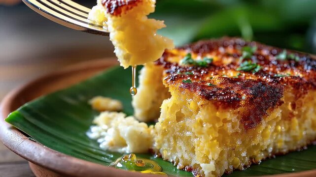 Fork lifts a piece of pamonha, a dessert from Brazil, ready to be enjoyed at a gathering or a meal