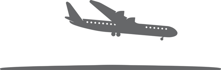 Minimalist black airplane silhouette flying over horizon isolated on transparent background, Vector, illustration