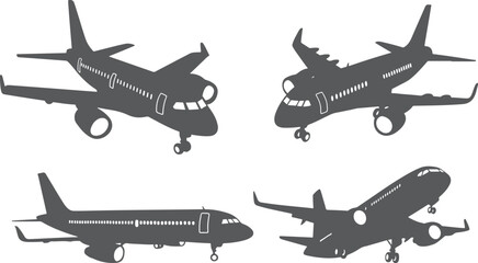 A comprehensive set of vector aircraft silhouettes featuring military fighter jets, passenger aeroplanes, and helicopters for aviation travel and air transportation illustrations