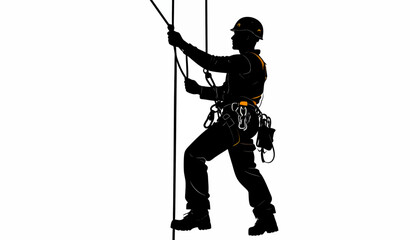 Silhouette of a climber ascending a rope with safety gear.