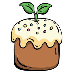 Vegan Easter cake with white icing, colorful sprinkles and green sprout, hand drawn doodle icon of food without animal products for spring holiday, isolated vector.