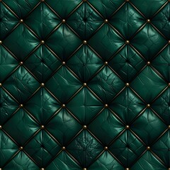 Fototapeta premium Emerald green leather, diamond-patterned upholstery with gold studs