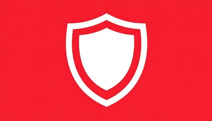 A simple, shield-shaped emblem, rendered in white with a bold outline, centered on a vibrant red backdrop. This graphic signifies protection