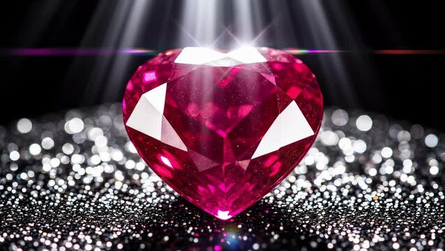 Stunning heart-shaped red ruby gemstone glowing under a spotlight on a bed of sparkling silver glitter and black background.