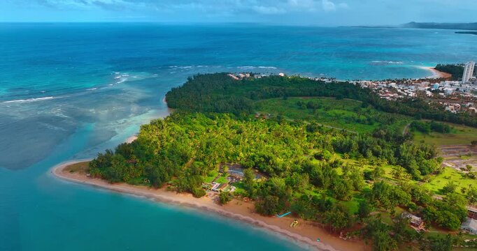 Lush greenery on the coast is half-covered with sunlight. Footage around the beautiful shore of Puerto Rico.