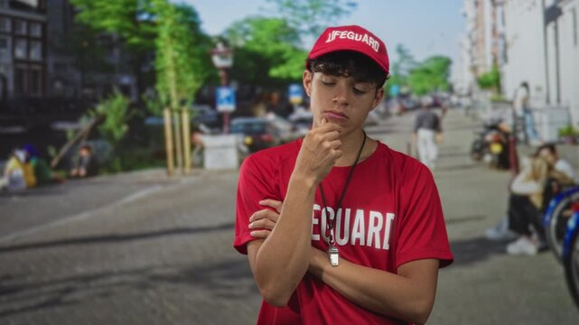 Teenage lifeguard man in red shirt and cap with visible whistle, hand on chin thinking gesture on an urban street; contemplative duty.