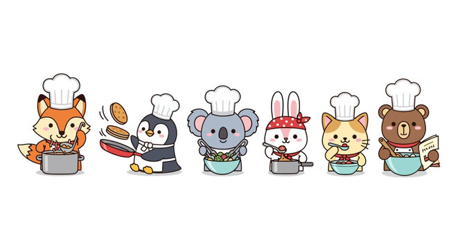 Cartoon animals cooking fox penguin koala rabbit cat bear chefs